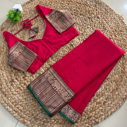 Saree with Stitched Blouse - Dark Rani Pink (SIZE -34 - 38) - SWSB 994